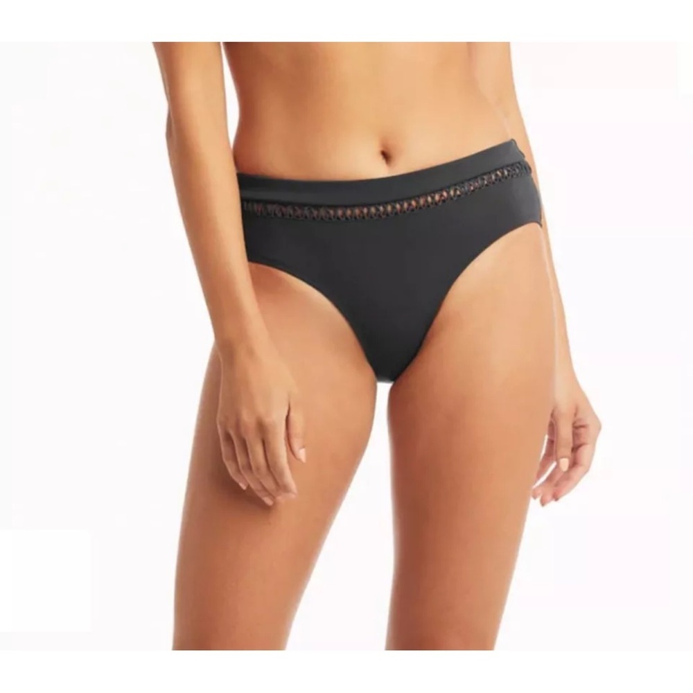 Sea Level Lola shimmer mid bikini bottom pant charcoal black cross trim 14